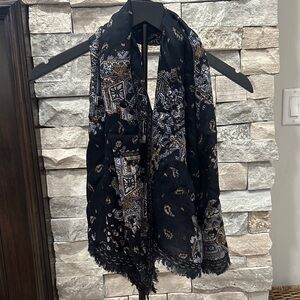 Treasure & Bond Black Paisley Print Scarf with Gold and White Accents